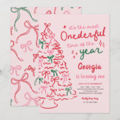 Most Onederful Coquette Bow Christmas 1st Birthday Kaart (Voorkant / Achterkant)