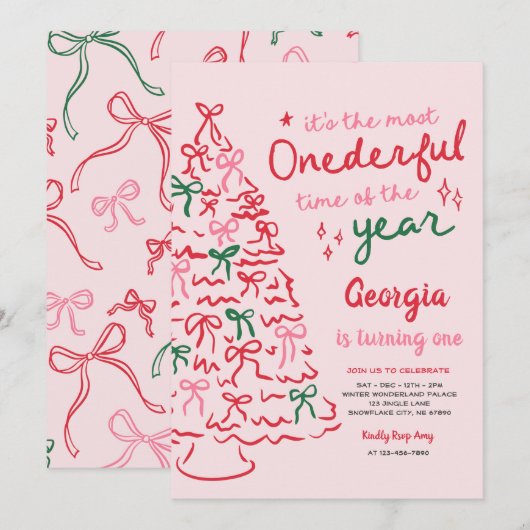 Most Onederful Coquette Bow Christmas 1st Birthday Kaart (Voorkant / Achterkant)