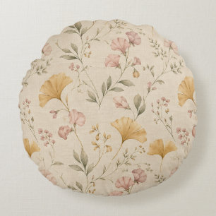 Mostaard Bloemige Vintage Wingerd Botanische Worpd Rond Kussen