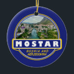 Mostar Bosnia and Herzegovina Travel Art Emblem Keramisch Ornament<br><div class="desc">Reisontwerp van de mostar retro in een embleemstijl. Het is gekend voor de iconische Stari Meest (Oude Brug),  een gereconstrueerde middeleeuwse gebogen brug.</div>