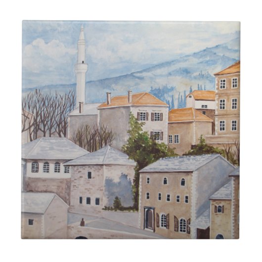 Mostar, Bosnië - Acryltueel schilderen Tegeltje (Voorkant)