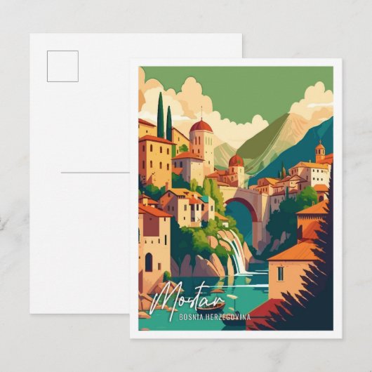 Mostar Bosnië Art vintage reisillustratie Briefkaart (Voorkant / Achterkant)