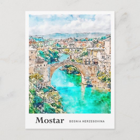 Mostar Bosnië Reizen Waterverf Hand getekend Briefkaart (Voorkant)