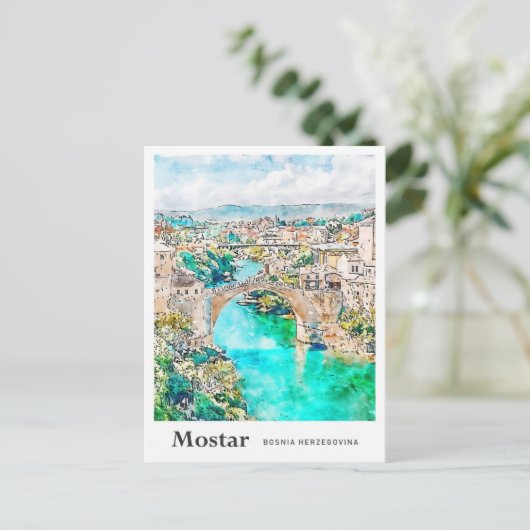 Mostar Bosnië Reizen Waterverf Hand getekend Briefkaart (Staand voorkant)