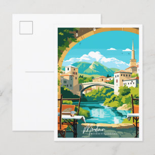 Mostar Bosnië vintage reisillustratie Briefkaart