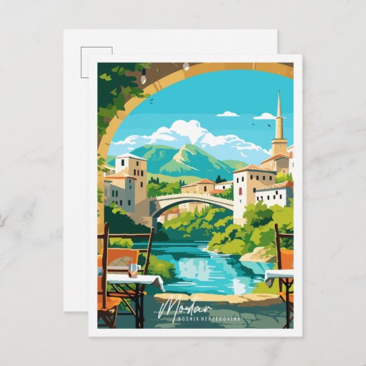 Mostar Bosnië vintage reisillustratie Briefkaart (Voorkant / Achterkant)