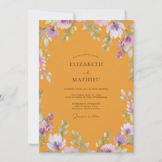 Mosterd Amethyst Wilde Bloemen Bruiloft Kaart (Voorkant)