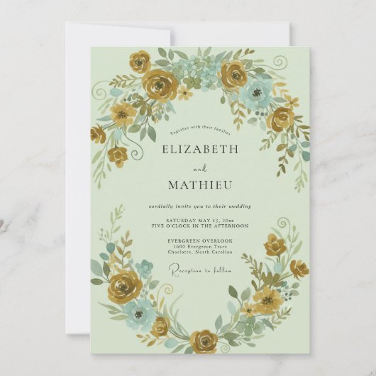 Mosterd Aqua Ranunculus Eucalyptus Bruiloft Kaart (Voorkant)