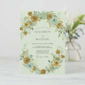 Mosterd Aqua Ranunculus Eucalyptus Bruiloft Kaart (Staand voorkant)