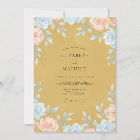 Mosterd Aqua Wilde Bloemen Bruiloft Kaart (Voorkant)