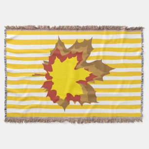 Mosterd Autumnal Stripes met Leaves Deken