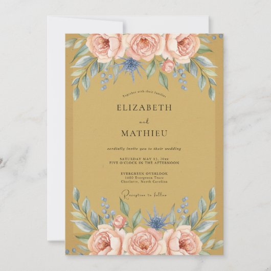 Mosterd Blush Pioen Huwelijk Kaart (Voorkant)
