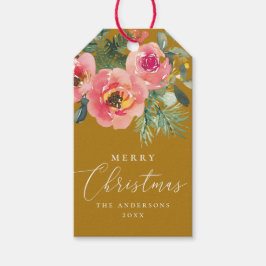 Mosterd Bruin Kerstvakantie | feestelijke bloem Cadeaulabel