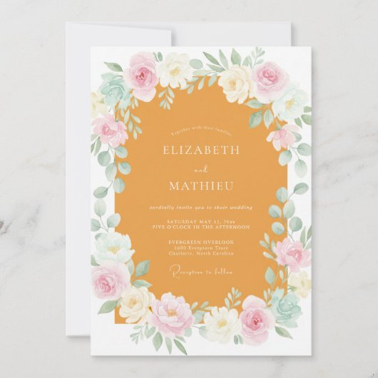 Mosterd Crème Wilde Bloemen Bruiloft Kaart (Voorkant)