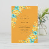 Mosterd Cyaan Ranunculus Eucalyptus Bruiloft Kaart (Staand voorkant)