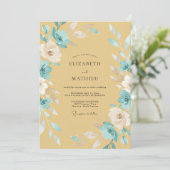 Mosterd Cyaan Wilde Bloemen Bruiloft Kaart (Staand voorkant)