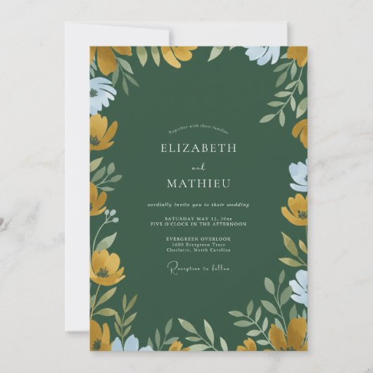 Mosterd Emerald Wilde Bloemen Bruiloft Kaart (Voorkant)