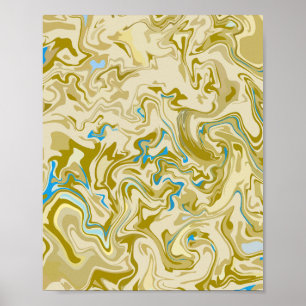 Mosterd en Blauwe Abstracte Vloeibare Kunst Poster