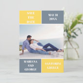 Mosterd en grijze kleurblok met leisteen Sla de da Save The Date (Staand voorkant)