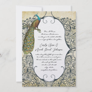 Mosterd en marinespeacock Love Bird Pattern Wedden Kaart