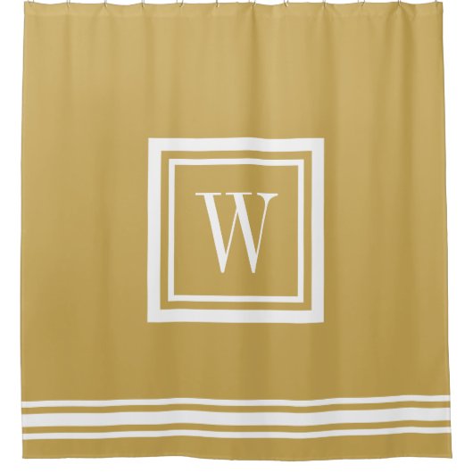 Mosterd en Wit Klassiek Vierkant Monogram Douchegordijn (Voorkant)