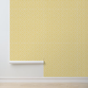 Mosterd en Witte Griekse Sleutel Medium Behang