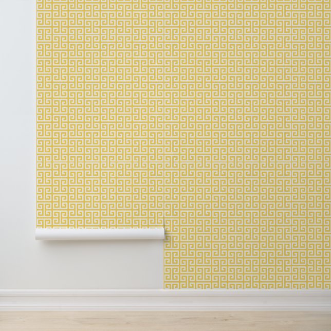 Mosterd en Witte Griekse Sleutel Medium Behang (Applicatie)