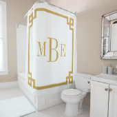 Mosterd en witte Griekse sleutel | monogram Douchegordijn (In situ)