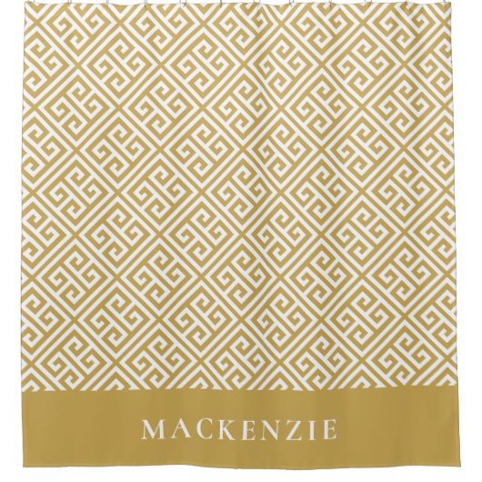 Mosterd- en witte Griekse sleutelnaammonogram Douchegordijn (Voorkant)