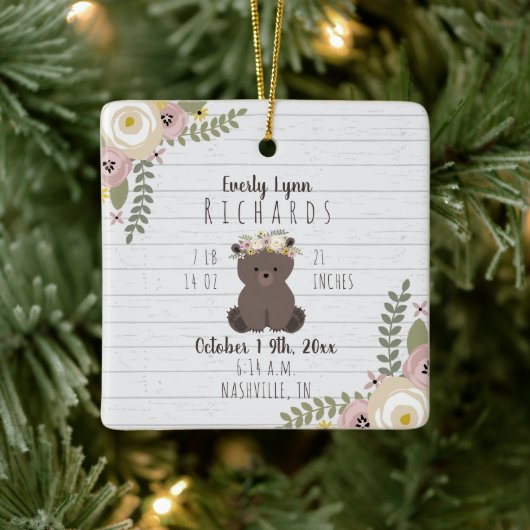 Mosterd Floral Beer Cub Baby Girl Birth Stats Keramisch Ornament (Boom)