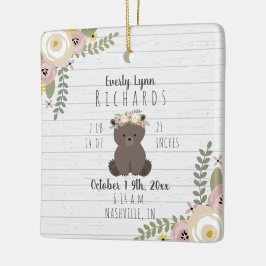 Mosterd Floral Beer Cub Baby Girl Birth Stats Keramisch Ornament (Links)
