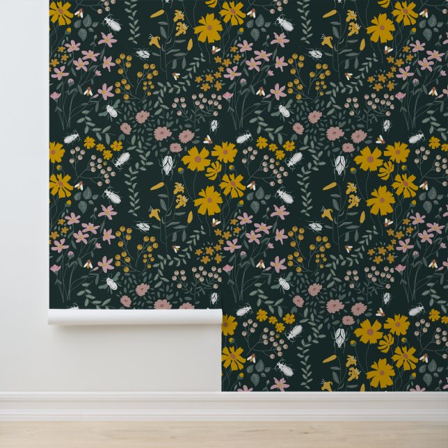 Mosterd Floral Beetles & Bijen Boheemse Wildflower Behang (Applicatie)