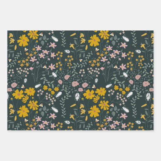 Mosterd Floral Beetles & Bijen Boheemse Wildflower Inpakpapier Vel (Voorkant 2)