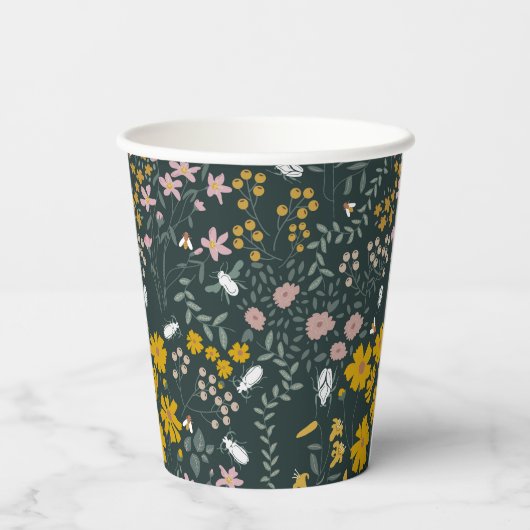 Mosterd Floral Beetles & Bijen Boheemse Wildflower Papieren Bekers (Achterkant)