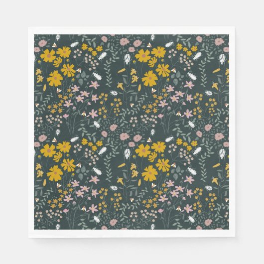 Mosterd Floral Beetles & Bijen Boheemse Wildflower Servet (Voorkant)