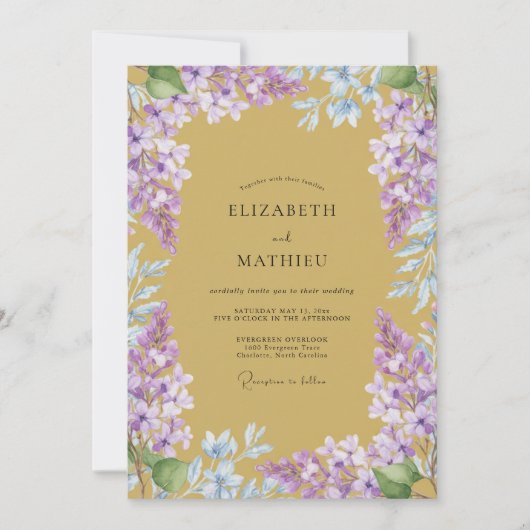 Mosterd Gedempte Lila Wisteria Bruiloft Kaart (Voorkant)