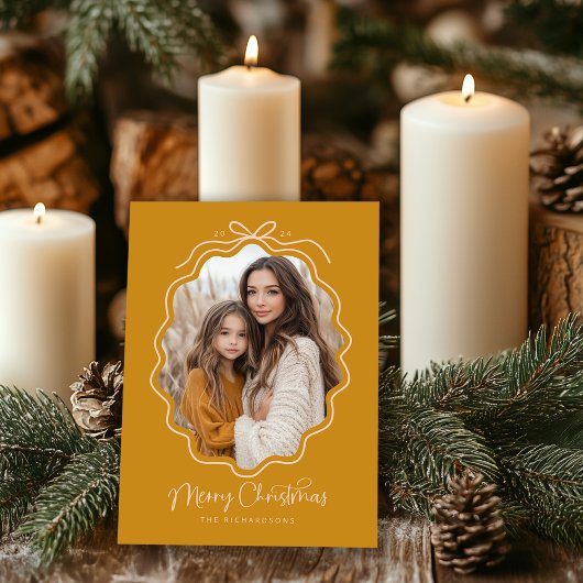 Mosterd Geel Blush Roze Wavy Retro Foto Feestdagenkaart