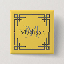 Mosterd Geel Grijze Geometrische Rand Monogram Naa Vierkante Button 5,1 Cm