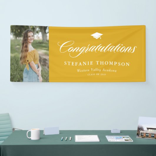 Mosterd Geel Vetgedrukte Kalligrafie Foto Afstuder Spandoek (Beurs)