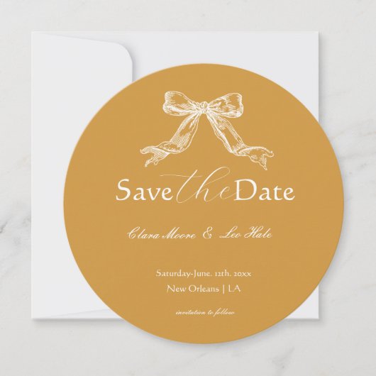 Mosterd Geel Vintage Sierlijke Lijst Trouw Ronde Save The Date (Voorkant)