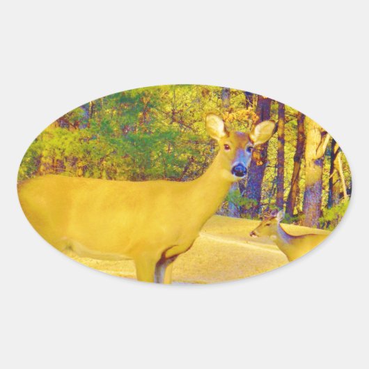 Mosterd gekleurd deer met lichtblauw ovale sticker (Voorkant)