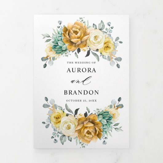 Mosterd Gele Bloemige Salie Groene Moderne Trouwda Drieluik Aankondiging (Cover)