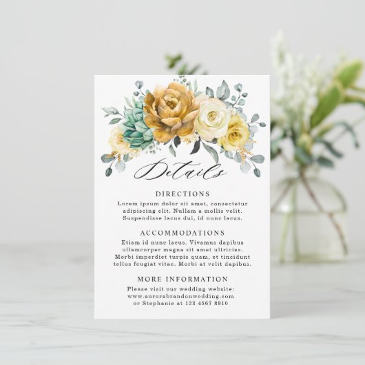 Mosterd Gele Bloemige Salie Trouwdetails Informatiekaartje (Staand voorkant)