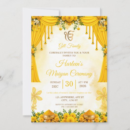 Mosterd Gele Marigold Maiyan Ceremonie Uitnodiging (Voorkant)