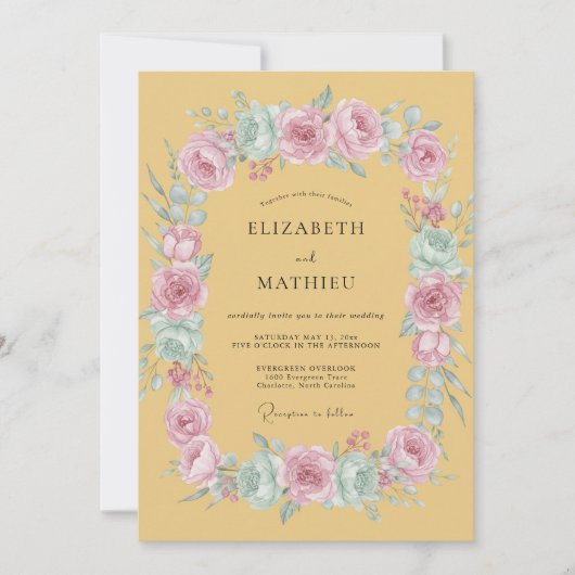 Mosterd Gele Whimsical Rose Bruiloft Kaart (Voorkant)