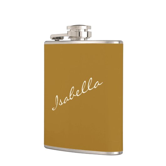 Mosterd Goud Elegante Script Naam Bruiloftsfeest  Heupfles (Links)