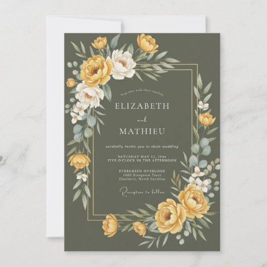Mosterd Gouden Ranunculus Eucalyptus Bruiloft Kaart (Voorkant)