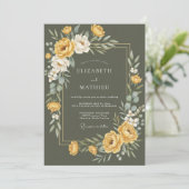 Mosterd Gouden Ranunculus Eucalyptus Bruiloft Kaart (Staand voorkant)