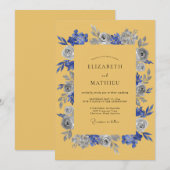 Mosterd Indigo Bloemrijke Rustieke Bruiloft Kaart (Voorkant / Achterkant)