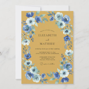 Mosterd Kobalt Ranunculus Eucalyptus Bruiloft Kaart